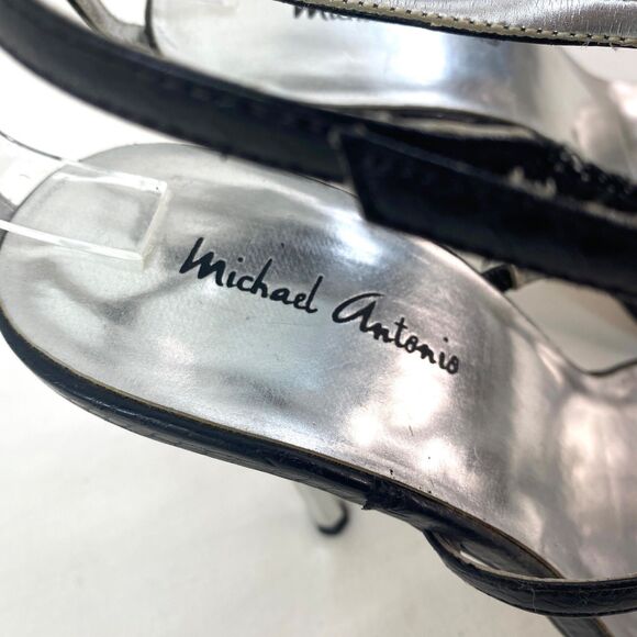 Micheal Antonio Black Rhinestone Womans Sandals Silver Heels Sz 8 Evening Dance - Picture 11 of 13